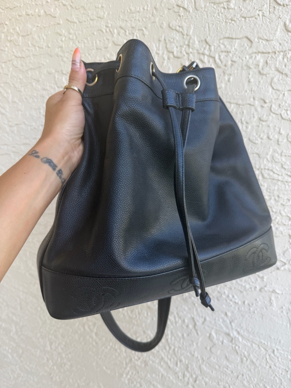 CHANEL Caviar CC Drawstring Shoulder Bag Black